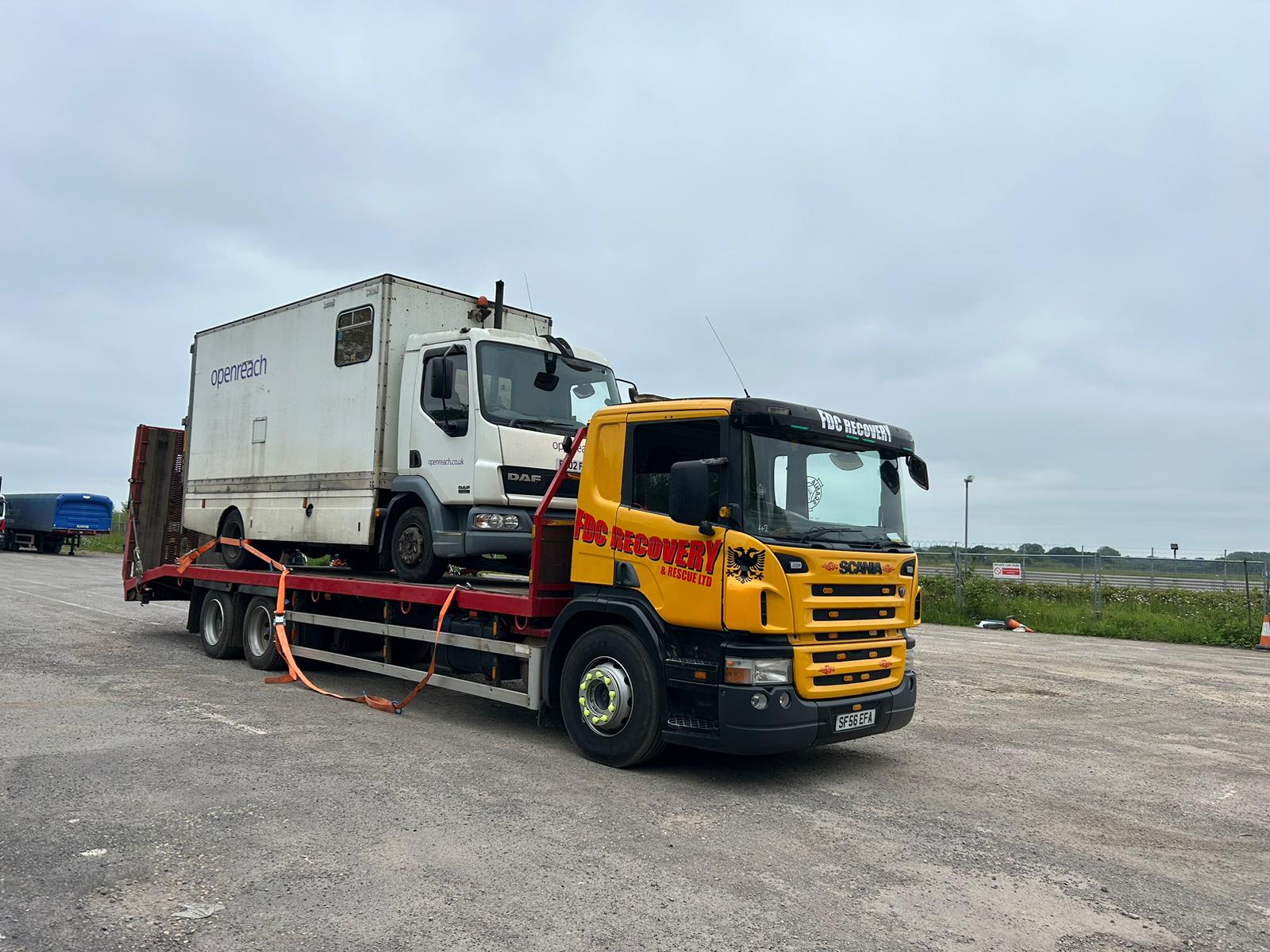 FDC Scania recovery truck transporting an Openreach lorry